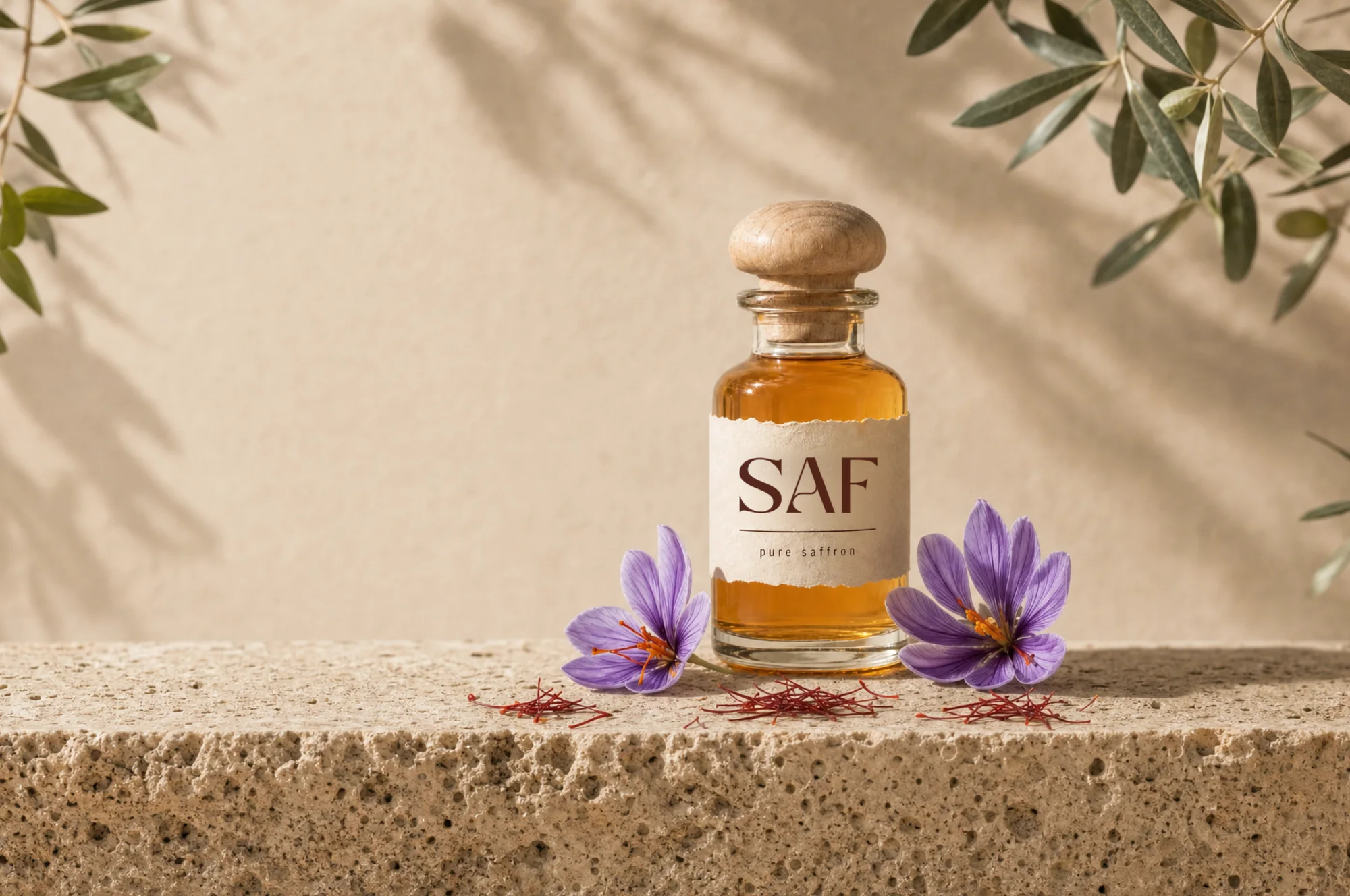 SAF saffron shot on travertine stone with saffron crocus flowers
